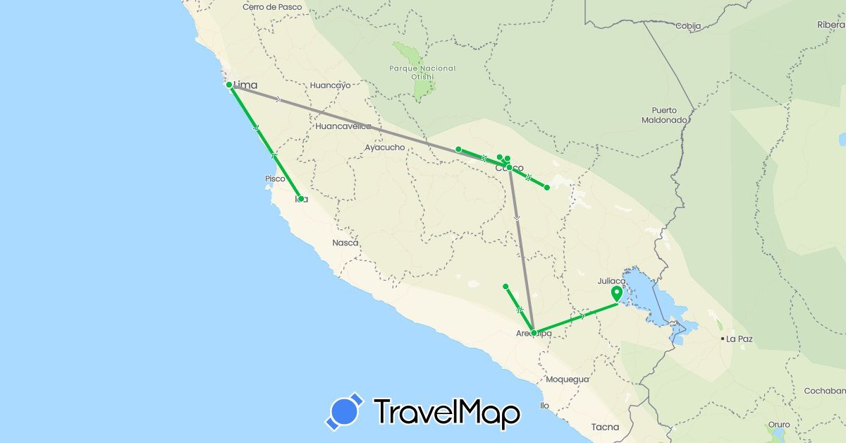 TravelMap itinerary: bus, plane in Peru (South America)